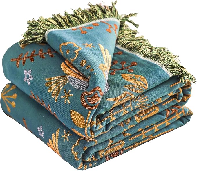 Boho Large Throw Blanket for Bed, 100% Muslin Cotton Soft Breathable Throw-Floral Bird Rustic Decor Blanket for Couch Sofa Quilt and Gift, 60" x 80"-Teal/Beige