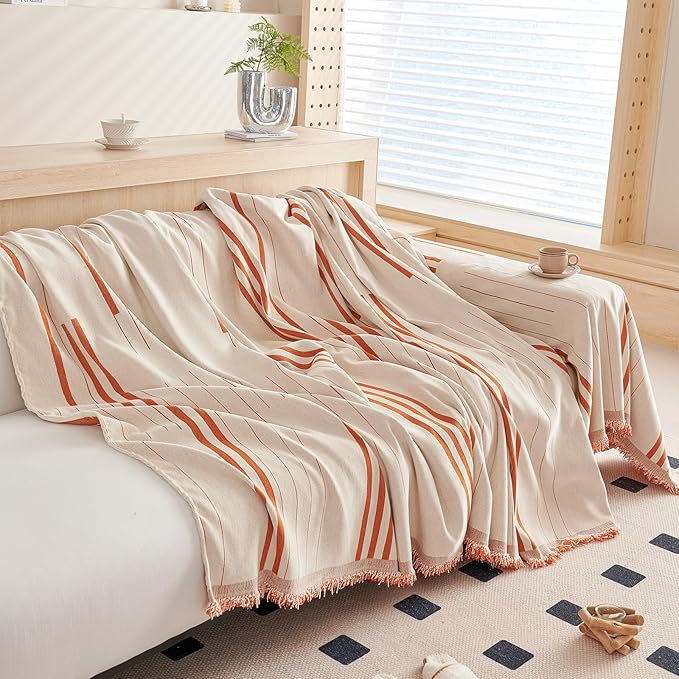 DREAMINGO Couch Cover Reversible Chenille Furniture Protector Sofa Covers for Pets Kids Beige Orange Couch Cover for 3 Cushion Couch Sofa Vertical Stripe Jacquard Sofa Slipcover Sectional, 71"x134"