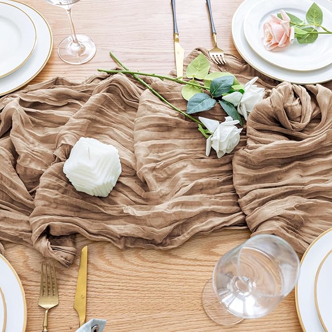 Wokceer Cheesecloth Table Runner Nude Brown 10FT Boho Gauze Cheese Cloth Table Runner for Party Long Rustic Sheer Table Runners for Baby Bridal Shower Wedding Easter Table Decor