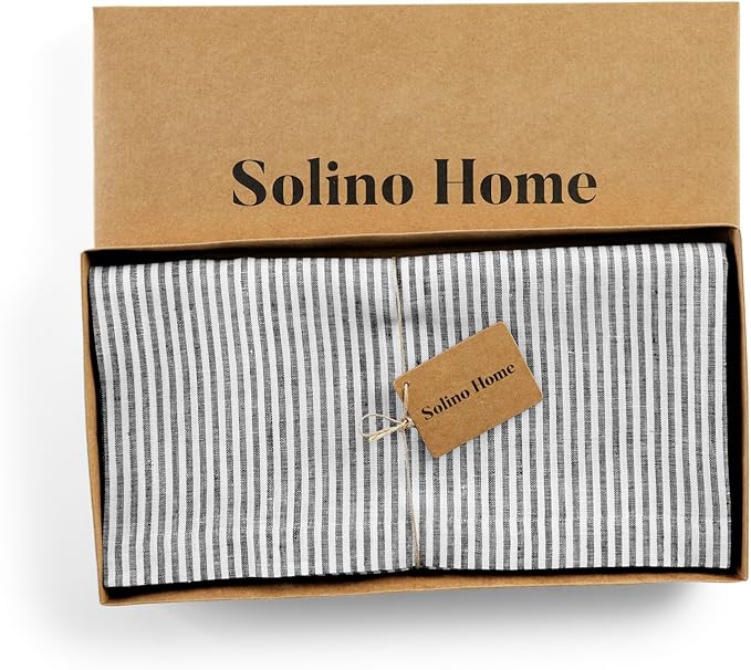 Solino Home Linen Square Tablecloth 52 x 52 Inch - Narrow Stripe, 100% Pure Linen Black and White Table Throw - Machine Washable Tablecloth for Fall, Autumn, Winter, Thanksgiving, Christmas
