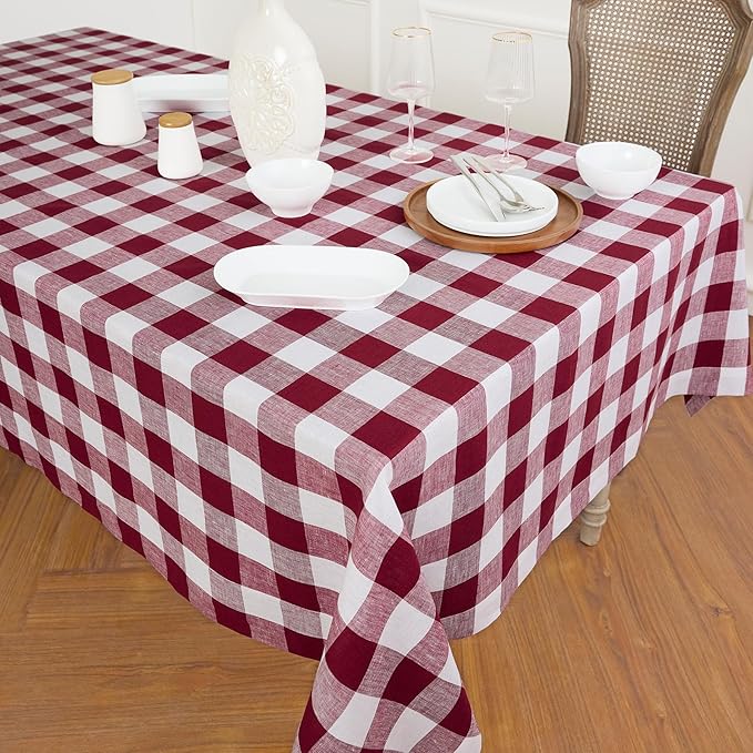Solino Home Checkered Tablecloth 60 x 108 Inch - 100% Pure Linen Burgundy and White Buffalo Plaid Table Cloth for Rectangle Tables - Machine Washable Tablecloth for Fall, Autumn, Thanksgiving