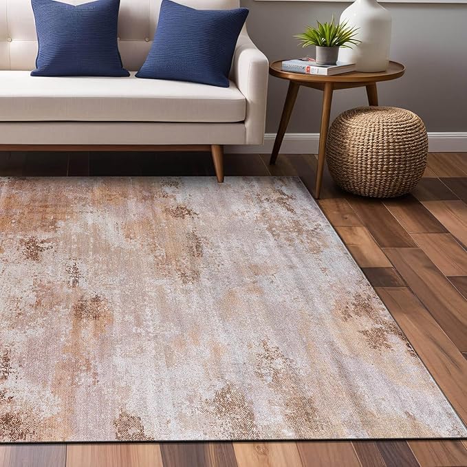 Non Slip Rugs 4x6 Modern Abstract Easy Silk Rubber Backing Soft Area Rug for Living Room Easy to Clean Non Shedding Kitchen for Bedroom Indoor Carpet (Beige - Brown, 4x6)