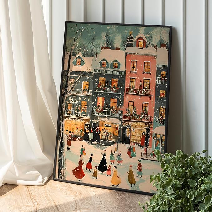OZCONO Colorful Christmas Town Wall Art, Retro Winter Village Holiday Decor, Cozy Seasonal Farmhouse Accent, Snowy Scene for Festive Home Styling, Hello December Print (Unframed) (16x24)