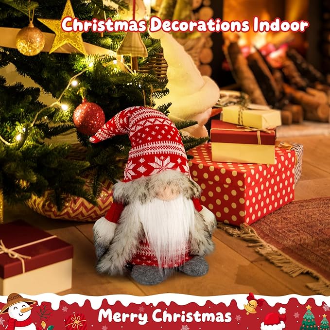 Gnomes Christmas Decorations - Red Plush Holiday Gnome Figurine with Faux Fur Cloak, Cute Nordic Tabletop Accent for Mantel, Shelf, Office or Festive Idea