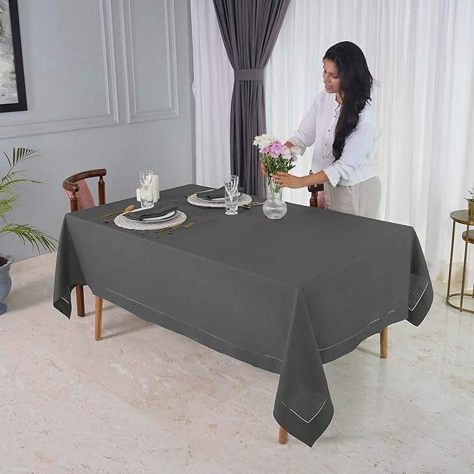D'Moksha Homes Charcoal Grey Linen Tablecloth 60 x 120 Inch - 100% Pure Linen Hemstitch Tablecloth for Rectangle Tables - Classic Hemstitch, Machine Washable Table Cloth for Thanksgiving
