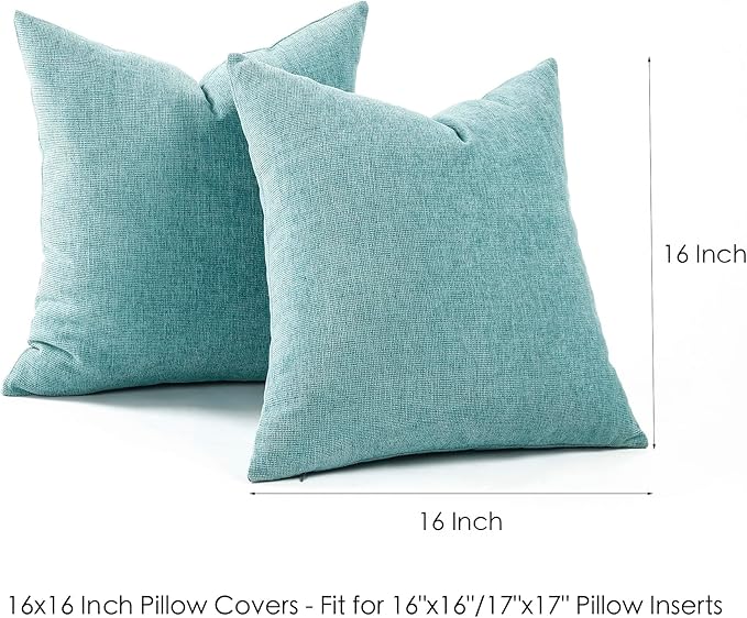 Jepeak 16x16 Inch Decorative Chenille Throw Pillow Covers, Pack of 2 Cozy Concise Pillow Cases Soft Farmhouse Modern Square Cushion Cover for Sofa Couch Bed Home Decor, Turquoise
