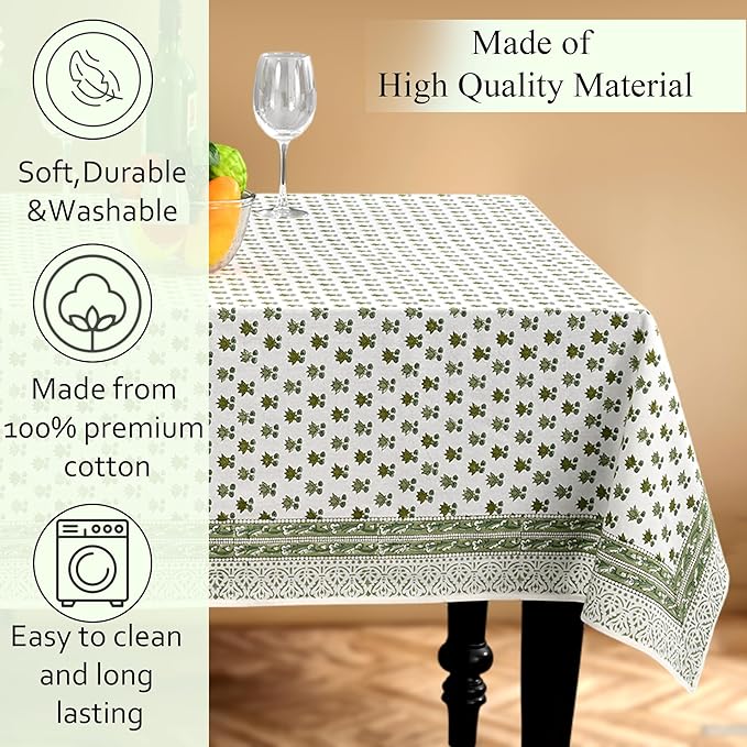 CPC Lotus Meadow Tablecloth 100% Cotton 70x108 Inch Indian Block Print Rectangle Table Cover, Table Cloth for Gifting in Weddings, Halloween, Fall, Christmas, Thanksgiving