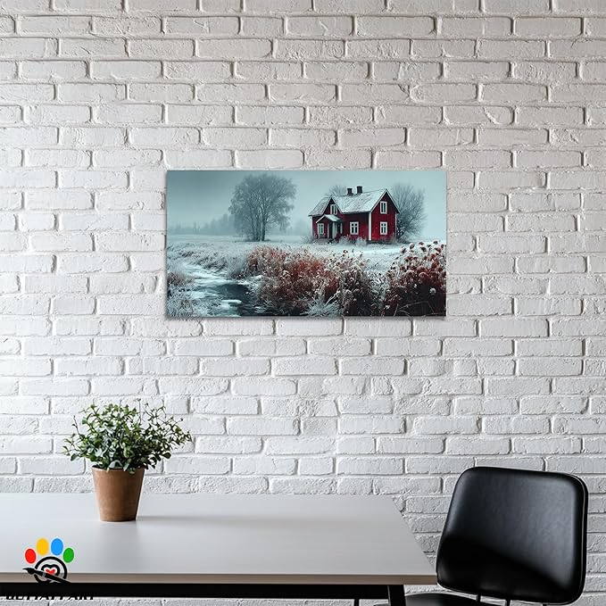 GUTTATY Winter Christmas Canvas Wall Art, Frosty Landscape Canvas Prints, Red Cottage and Nature Wall Hanging Artwork, Rustic Snowy Scene Picture Decor for Living Room, Bedroom, 24x12 Inch