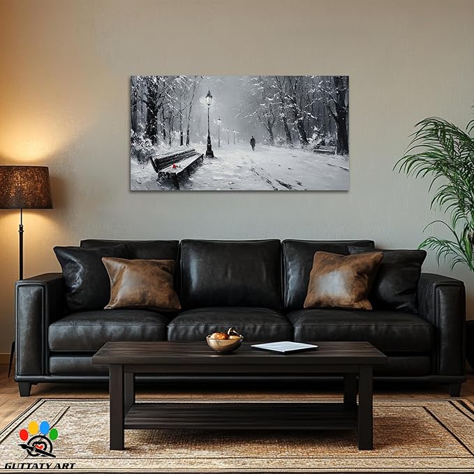 GUTTATY Christmas Winter Scene Canvas Wall Art, Snowy Park Pictures Print, Monochrome Wall Decor with Bench and Lamp, Fine Canvas Artwork for Living Room, Bedroom, Office, Holiday Gift, 24x12 Inch