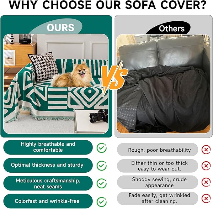 VClife Armchair Couch Cover Sofa Cover for 1 Cushion Couch Sofa, Non Slip Chair Couch Covers for Dog - Boho Dark Green Armchair Sofa Cover Soft 1 Seat Sofa Furniture Protector with Tassel, 71"x71"