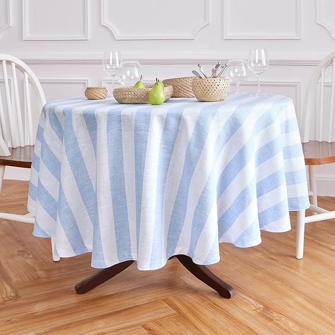 Solino Home Linen Round Tablecloth 70 Inch - Cabana Stripe, 100% Pure Linen Sky Blue and White Round Tablecloth - Machine Washable Table Cloth for Christmas