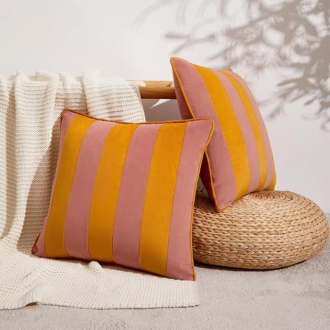 MONDAY MOOSE Decorative Throw Pillow Covers Cushion Cases, Set of 2 Soft Velvet Striped Piping Edge Designs, Pillow Inserts Not Included (Pink/Honey, 16x16 inch)