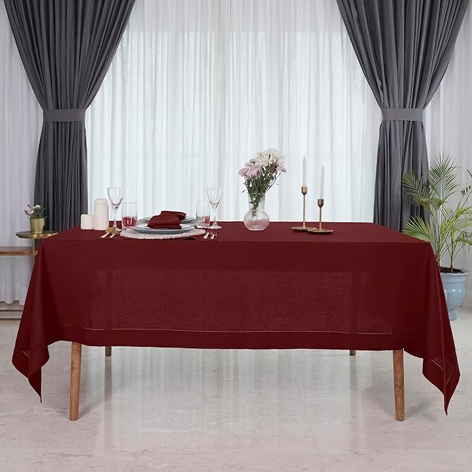 D'Moksha Homes Dark Red Linen Tablecloth 60 x 156 Inch - 100% Pure Linen Red Tablecloth for Rectangle Tables - Classic Hemstitch, Machine Washable Table Cloth for Thanksgiving, Christmas, Holiday