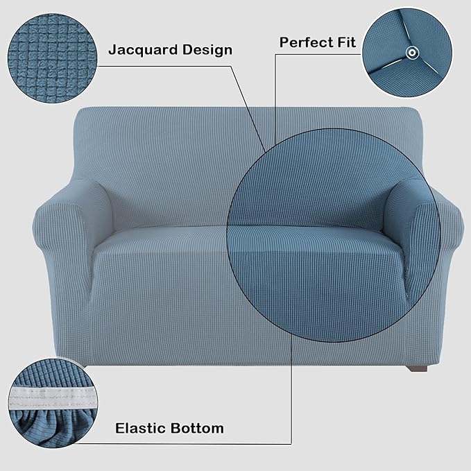 Flamingo P High Stretch Sofa Slipcover Non Slip Loveseat Covers for 2 Cushion Couch Washable Pet Furniture Protector Covers with Elastic Bottom, Thick Jacquard Fabric (Medium, Dusty Blue)