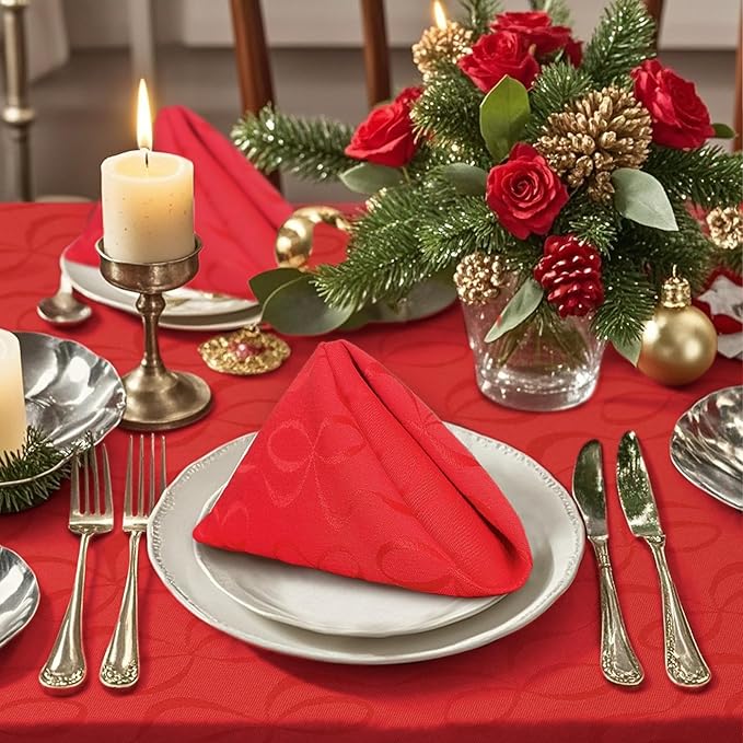 Red Napkins Cloth, Square Napkins 18"x18" - Cotton & Polyester | Wrinkle/Fade Resistant - 12PC Reusable Napkins Washable, Christmas Table Napkin for Wedding, Dinner & Party, Bow Jacuqard