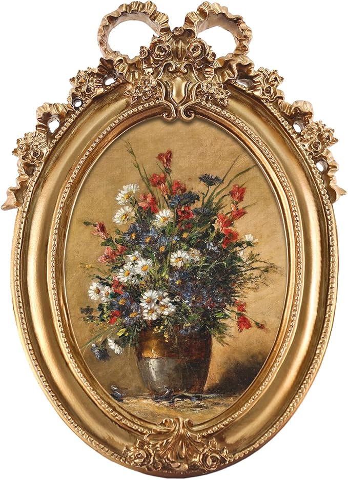 FOLKOR Framed Wall Art Decor for Kitchen Dining Room Bathroom, Vintage Still Life Flower Oil Paintings Prints with Gold Photo Frame, Floral Artwork for Home Office Library Book Shop Decoration, 4x6
