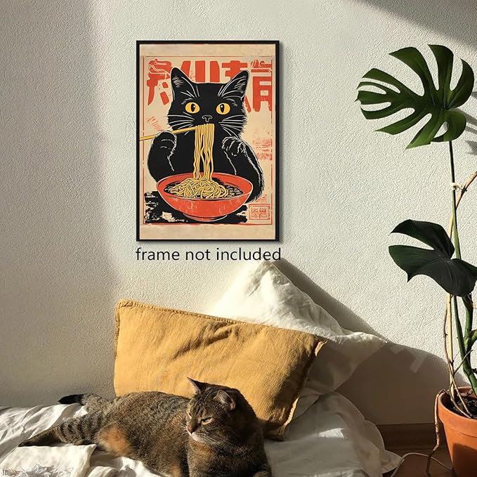 Eeuqiauot Japanese Cat Canvas Wall Art Cat Eating Ramen Poster Ramen Noodles Wall Art Vintage Black Cat Painting Cute Kittey Pictures Japanese Black Cat Prints for Kitchen Decor 16x24inch Unframed