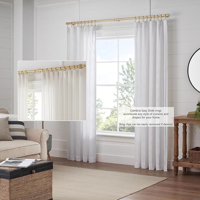 MODE Cambria Designer Series - Premium Easy Glide 18 Count Small Curtain Rings - Metal with Nylon Inserts and Clips - 1 inch Inner Diameter - use for rods 5/8" or Smaller - Brushed Gold