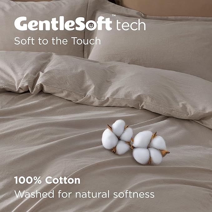 Bedsure 100% Washed Cotton Duvet Cover Oversized Queen - Natural Minimalist Cotton Duvet Cover Linen Like Breathable - GentleSoft™ Plain Simple Bedding (Natural,Oversized Queen, 98"x98")