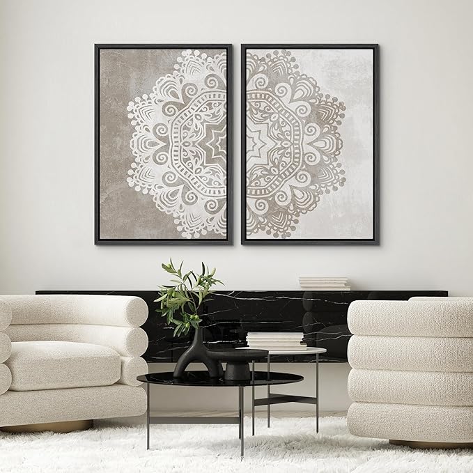 SIGNWIN Framed Canvas Print Wall Art Set Duotone Cultural Indian Mandala Pattern Abstract Shapes Illustrations Modern Art Minimal Boho Relax/Calm for Living Room, Bedroom, Office - 24"x36"x2 Black