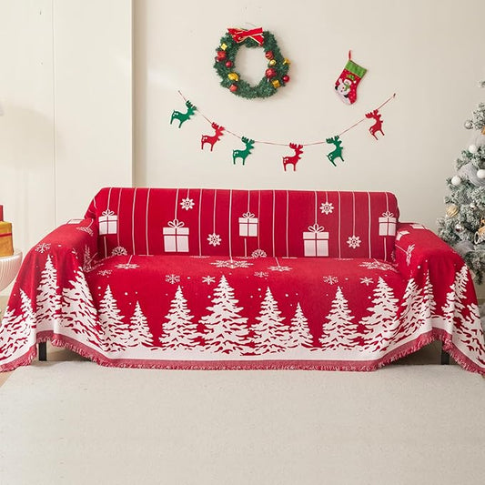 MEETSKY Christmas Couch Cover for Sectional Sofa, Chenille Loveseat Red Sofa Covers Washable for Pet Friendly Cedar Decorative Couch Covers, 71" x 118"