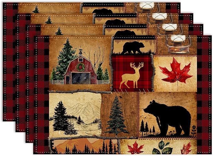 Retro Bear Placemat Set of 6, 12x18 Inch Rustic Farmhosue Green Buffalo Plaid Wildlife Paw Print Forest Tree Cabin Country Lodge Coffee Table Mats for Outdoor Kitchen Dining Table Decoration
