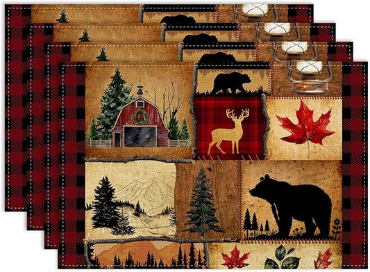 Retro Bear Placemat Set of 6, 12x18 Inch Rustic Farmhosue Green Buffalo Plaid Wildlife Paw Print Forest Tree Cabin Country Lodge Coffee Table Mats for Outdoor Kitchen Dining Table Decoration
