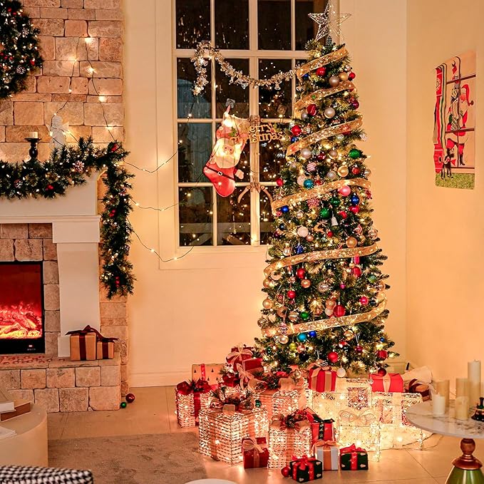 Hykolity 7.5ft Artificial Pre-lit Pencil Christmas Tree, Slim Christmas Tree with 300 Warm White LED Lights, 792 PVC Tips, Foldable Metal Stand and Hinged Branches