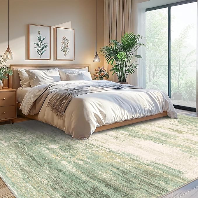 9x12 Modern Abstract Rug Washable Area Rugs for Living Room Bedroom Dining Room Non-Slip Low Pile Neutral Large Rug Soft Indoor Floor Carpet, Green
