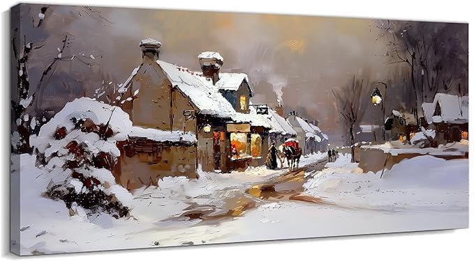 GUTTATY Christmas Winter Scene Canvas Wall Art, Snowy Village Canvas Prints, Cozy Town Holiday Picture Wall Decor, Rustic Winter Landscape Poster for Living Room Bedroom, 60x30 Inch