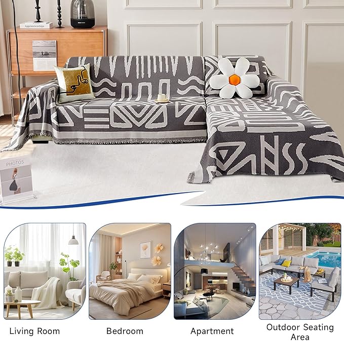 VClife Boho Couch Cover Soft Thick Chenille Couch Covers for Sectional Sofa, Bohemian Jacquard Couch Cover for 2 Cushion Couch Sofa Washable Breathable Furniture Protector, Dark Grey, 71"x118"