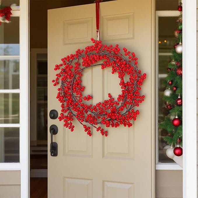 Lulu Home 2 Packs Red Berry Garland, 8.9FT Flexible Artificial Christmas Holly Berry Vine, Winter Berry Garland for Mantle Xmas Tree Window Door Hanging Indoor Outdoor Holiday Decoration