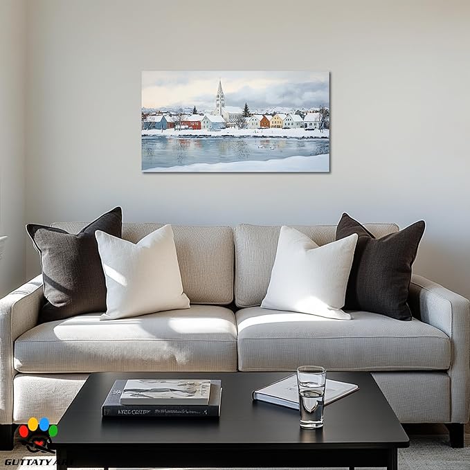 GUTTATY Christmas Winter Scene Canvas Wall Art, Snowy Village Houses & Church Wall Decor, Serene Winter Pictures, Holiday Wall Prints for Living Room, Bedroom, Office, 40x20 Inch