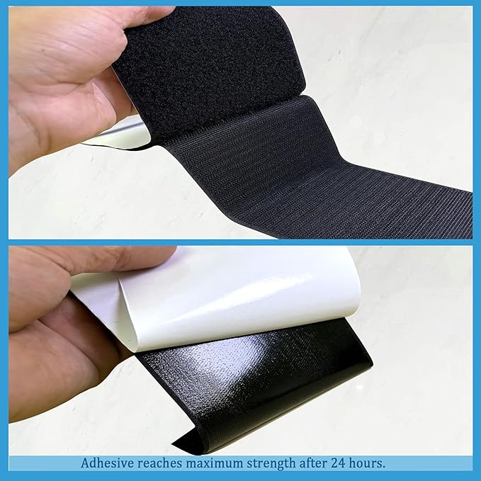 4 Inch x 16.5 Feet Black Hook and Loop Tape with Adhesive, Nylon Heavy Duty Hook and Loop Tape Strips,Keep Couch Cushions from Sliding, Fixed Screen Window Carpet Wall Hanging