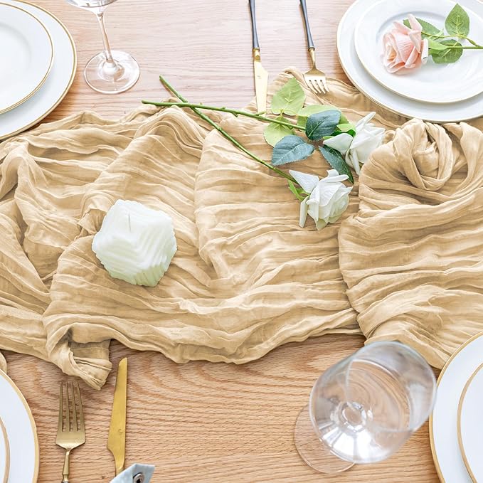 Wokceer Cheesecloth Table Runner Sand 10FT Boho Gauze Christmas Cheese Cloth Table Runner for Party Easter Rustic Sheer Table Runners for Baby Bridal Shower Wedding Table Decor