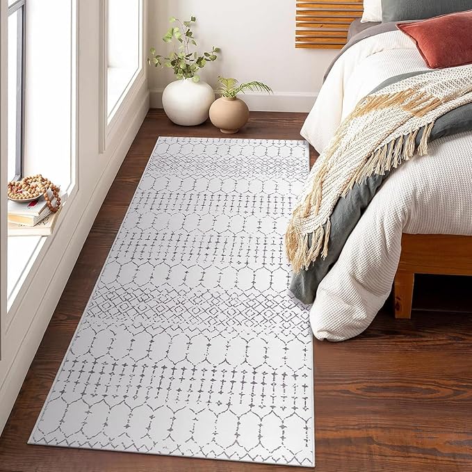 Lahome Moroccan Small Runner Rug - 2x5 Rug Runner Non-Slip Washable Rug Runner Throw Lightweight Hallway Rugs Indoor Laundry Room, Geometric Print Carpet Runners for Bedroom Kitchen (White, 2'x5')