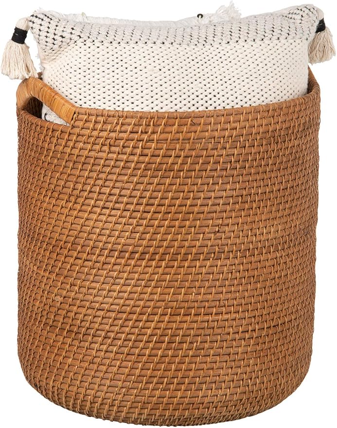 KOUBOO Laguna Round Rattan Storage Basket with Ear Handles, Wicker Blanket, Laundry Hamper, Indoor Plant Basket, Decorative Home Organizer, Honey Brown, Large