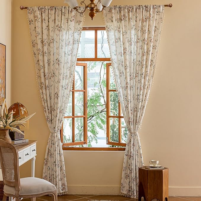 OYX Pink Boho Floral Window Curtains 84 Inch Long 2 Panels, French Vintage Farmhouse Vintage Country Rustic Tassels Printed Drapes for Living Room Bedroom, Rod Pocket Light Filtering Decor Aesthetic