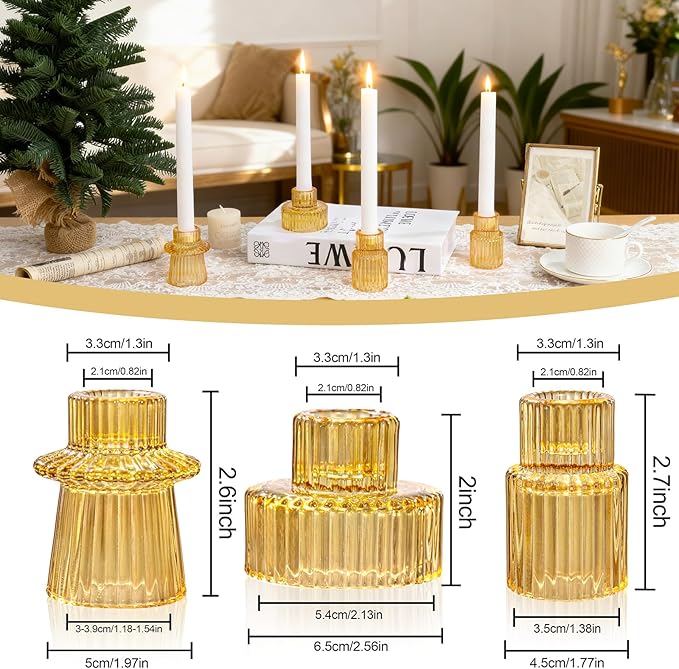WELLIFE 6 Pcs Amber Glass Candle Holder, Taper Candle Holder, Amber Glass Candlestick Holder for Party, Wedding Decorations, Table Centerpieces and Thanksgiving