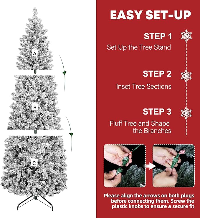 Hykolity 6ft Pre-Lit Snow Flocked Slim Tree, 200 Multi Color LED Lights, 544 Realistic PVC Tips, Hinged Design, Metal Base, 10 Modes