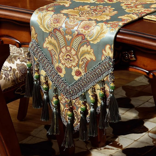 Extra Luxury Velvet Blue Table Runner 120 Inches Long with Vintage Damask Jacquard Design for Dining Room,Living Room,Home Decor,Elegant Beaded Tapestry (Dark Cyan, 13×120 inch)