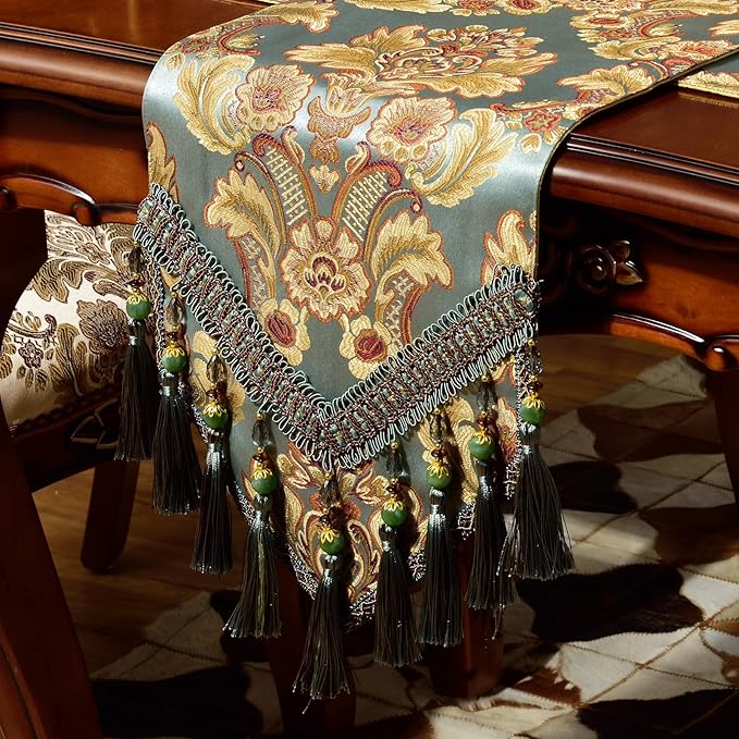 Extra Luxury Velvet Blue Table Runner 120 Inches Long with Vintage Damask Jacquard Design for Dining Room,Living Room,Home Decor,Elegant Beaded Tapestry (Dark Cyan, 13×60 inch)