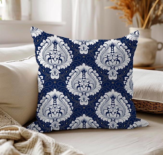 LOVOUS Navy Blue and White Damask Throw Pillow Covers 18x18 Inch Set of 2, Vintage Linen Decorative Pillow Covers for Bed Couch Sofa Bedroom Living Room Home Decor, B18