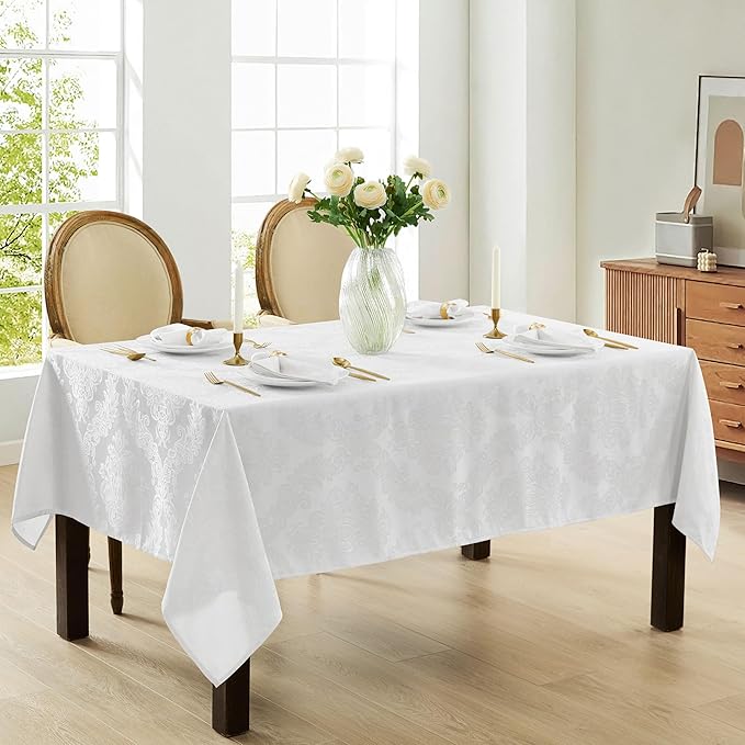 Newbridge Barcelona Luxury Damask Fabric Tablecloth, 100% Polyester, No Iron, Soil Resistant Holiday Tablecloths and Napkins, 60 x 102 inch Rectangle, White