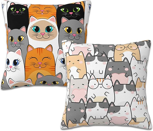 Kawaii Cute Cats Throw Pillow Cover Case Cartoon Cats Throw Pillows Set of 2 Super Soft Pillow Covers 18x18 Inches Farmhouse Home Decor for Living Room Bedroom Sofa Couch Cushion Cover