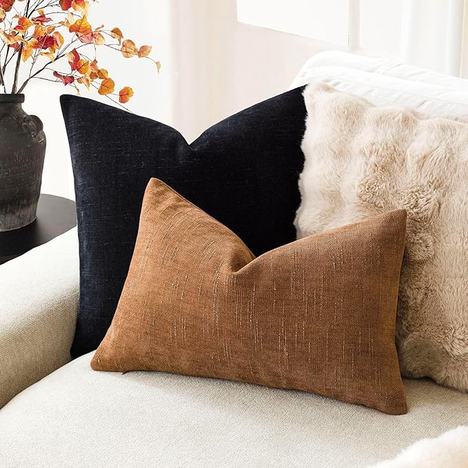 Foindtower Pack of 2 Soft Textured Chenille Throw Decorative Pillow Covers Lumbar Accent Solid Cushion Cover Cozy Farmhouse Pillow Case with Zippe for Couch Sofa Bed Living Room 12x24 Inch, Bronze