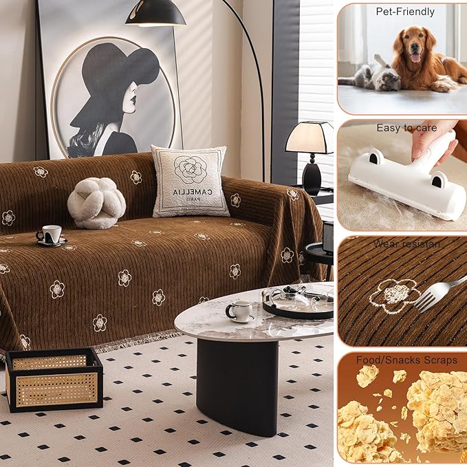 ROOMLIFE Boho Couch Covers Brown for 3 Cushion Sofa, Chenille Couch Cover Sectional Sofa Cover for Dog, Washable Furniture Sofa Protector Cover Soft Blanket with Tassel for Living Room, 71 '' X 118''
