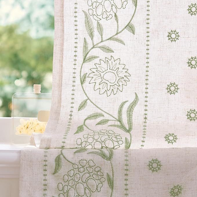 jinchan Winslow Linen Curtains 54 Inch Length Christmas Decorations Farmhouse Small Window Curtains Embroidered Bordered Floral Drapes Light Filtering for Bathroom Kitchen Sage on Beige 2 Panels