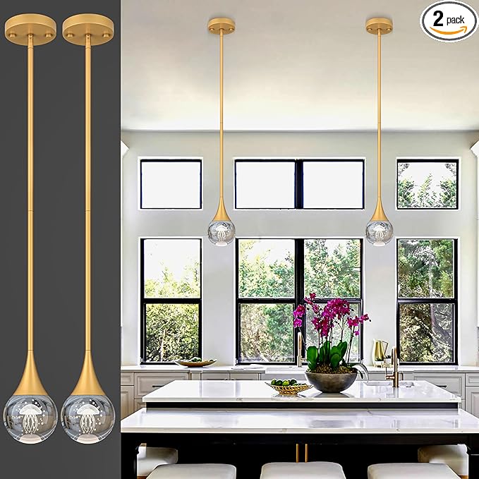 2-Pendant Lights Kitchen Island, Painted Gold Globe Crystal Ceiling Hanging Light Fxitures, LED Light Fixtures Metal Rod Ceiling Glass Pendant Lighting for Kitchen Island Dining Room Bar