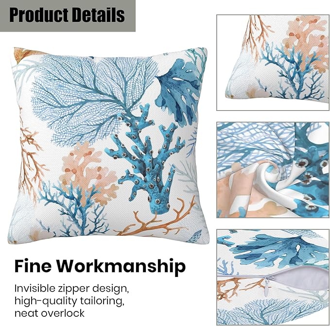 Pillow Covers 18X18 Set of 2, Blue and Brown Corals Decorative Throw Pillow Covers, Colorful Underwater Sea Life Pillow Cover Pillowcase Cushion Case for Home Sofa Couch Indoor Outdoor